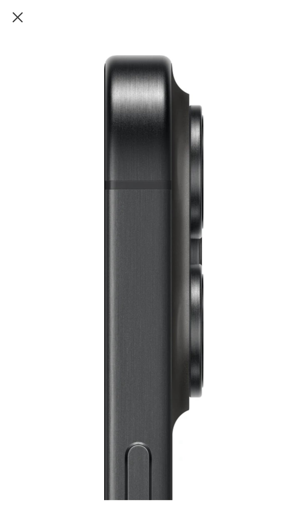 Side profile of a dark grey Apple smartphone by Iphoneio Official showing the brushed titanium frame and camera bump