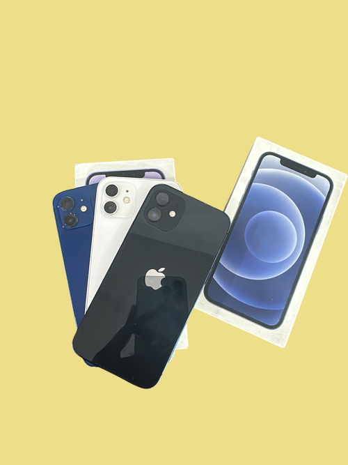 Iphoneio Official Apple iPhone 12 smartphones in blue, white, and black with original retail packaging boxes