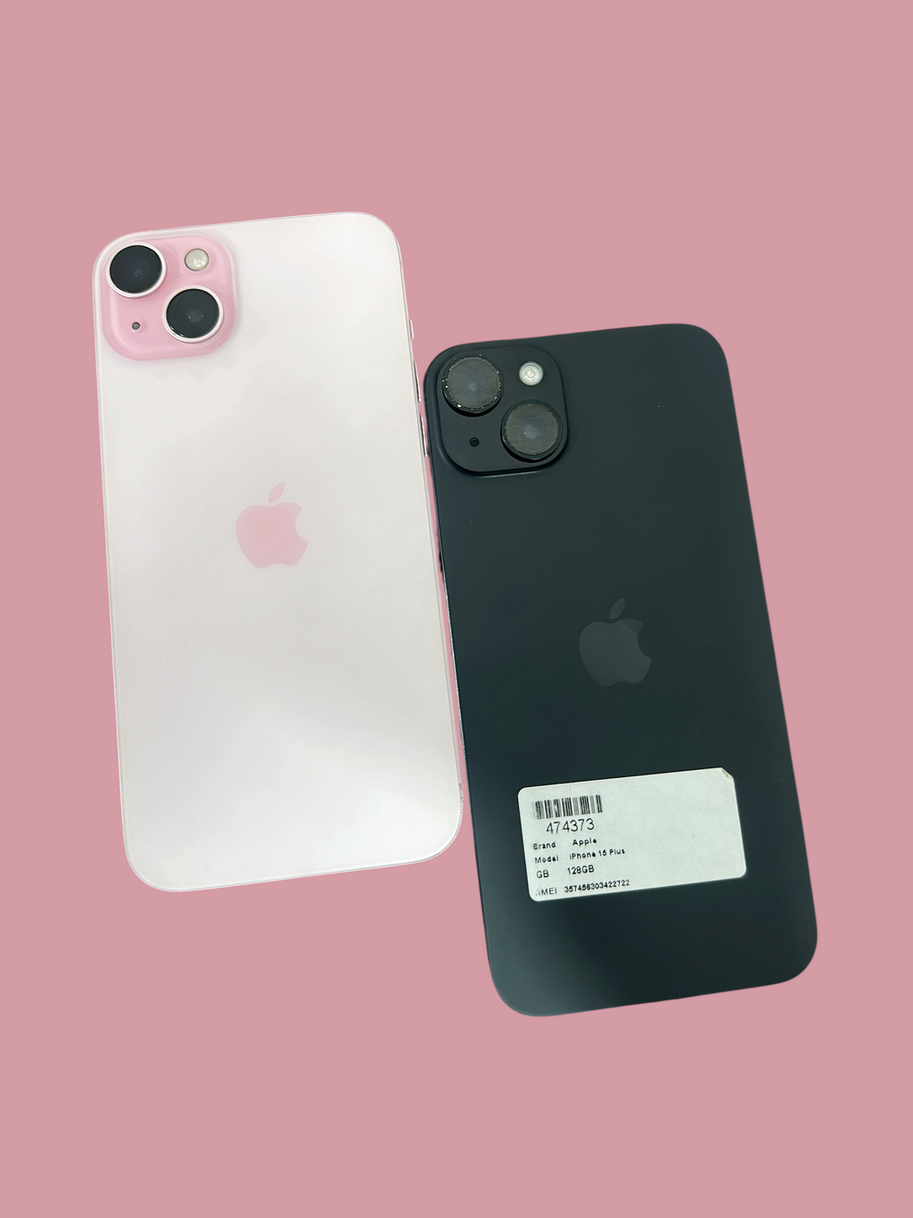 Iphoneio Official Apple iPhone 15 Plus smartphones in light pink and black with dual camera systems on black background