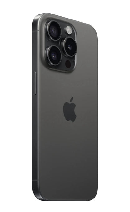 Iphoneio Official premium Apple smartphone in dark titanium with a triple-lens camera system, rear view.