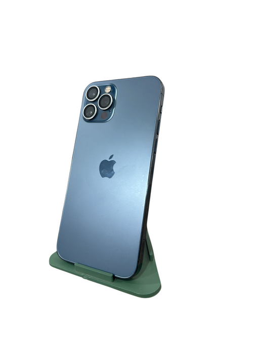 Iphoneio Official blue iPhone 12 Pro with triple-camera system and matte glass back on a green stand