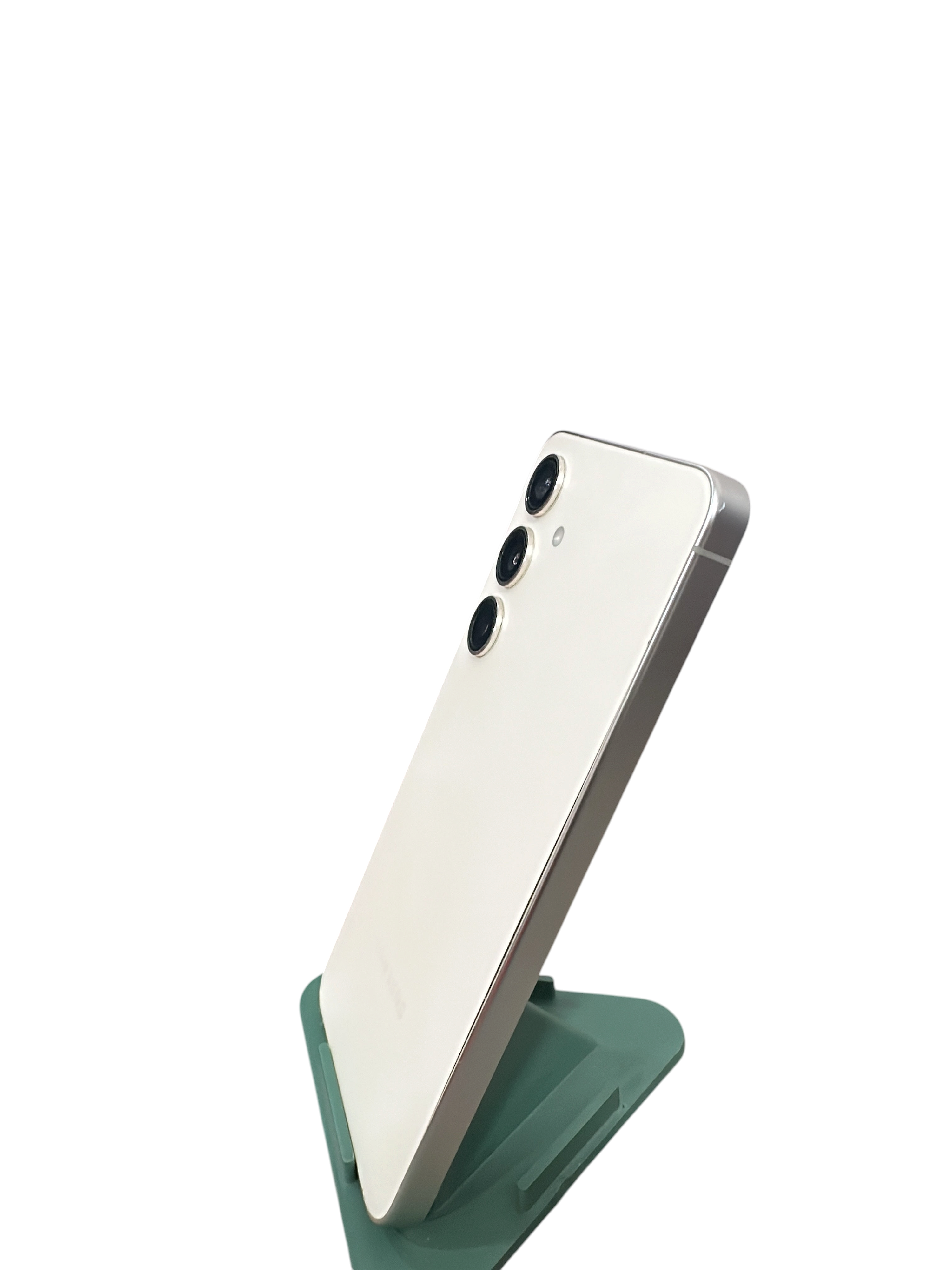 Iphoneio Official cream Samsung Galaxy smartphone with a triple-lens camera system on a green stand