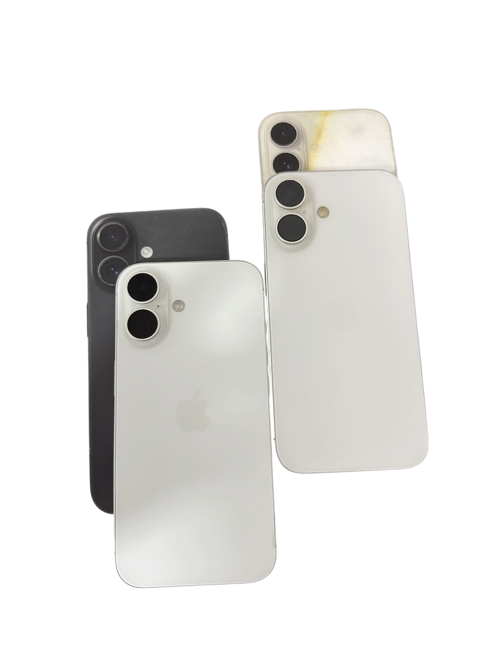 Iphoneio Official premium smartphones in white and black with dual-lens camera systems and sleek glass back designs.