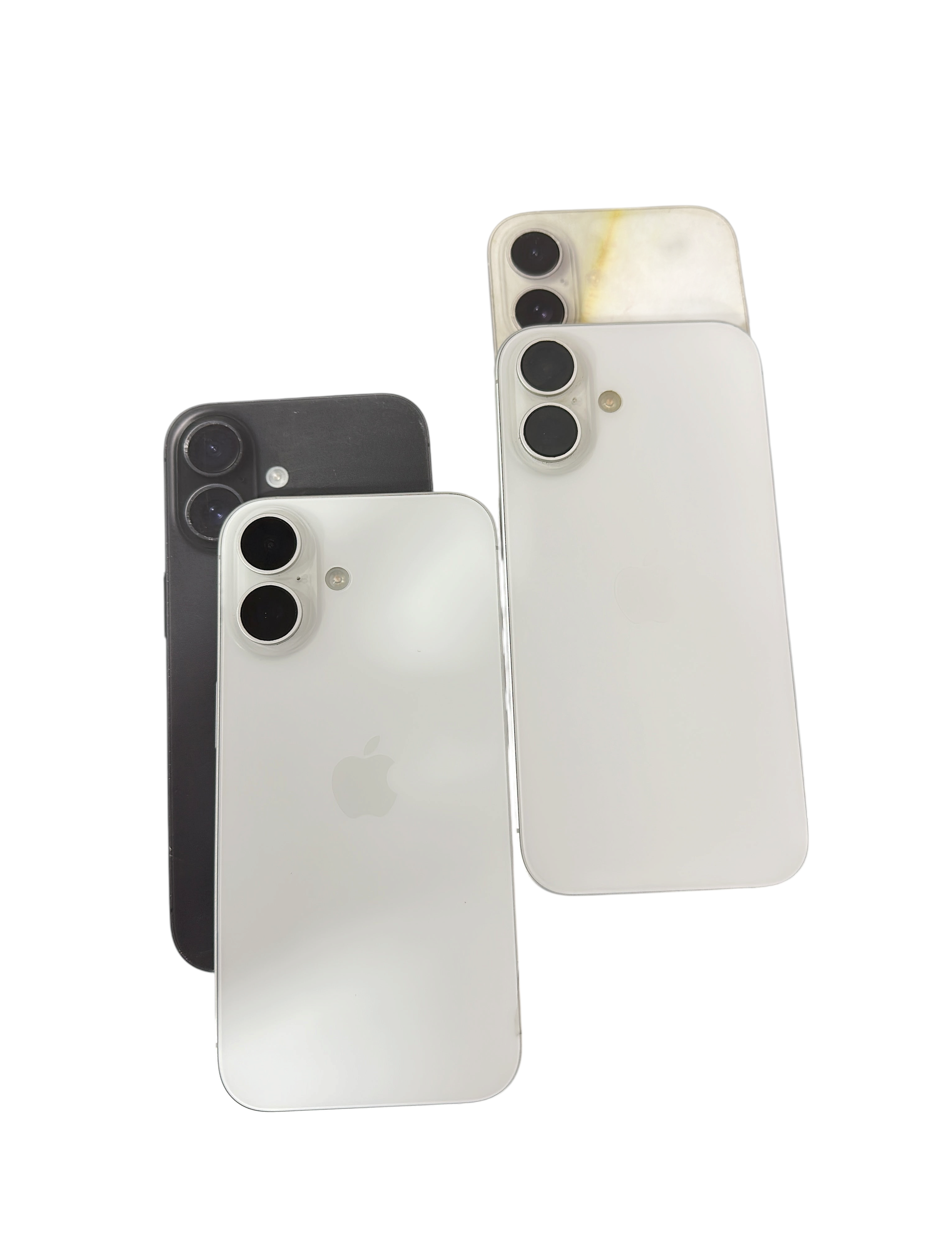 Iphoneio Official premium smartphones in white and black with dual-lens camera systems and sleek glass back designs.
