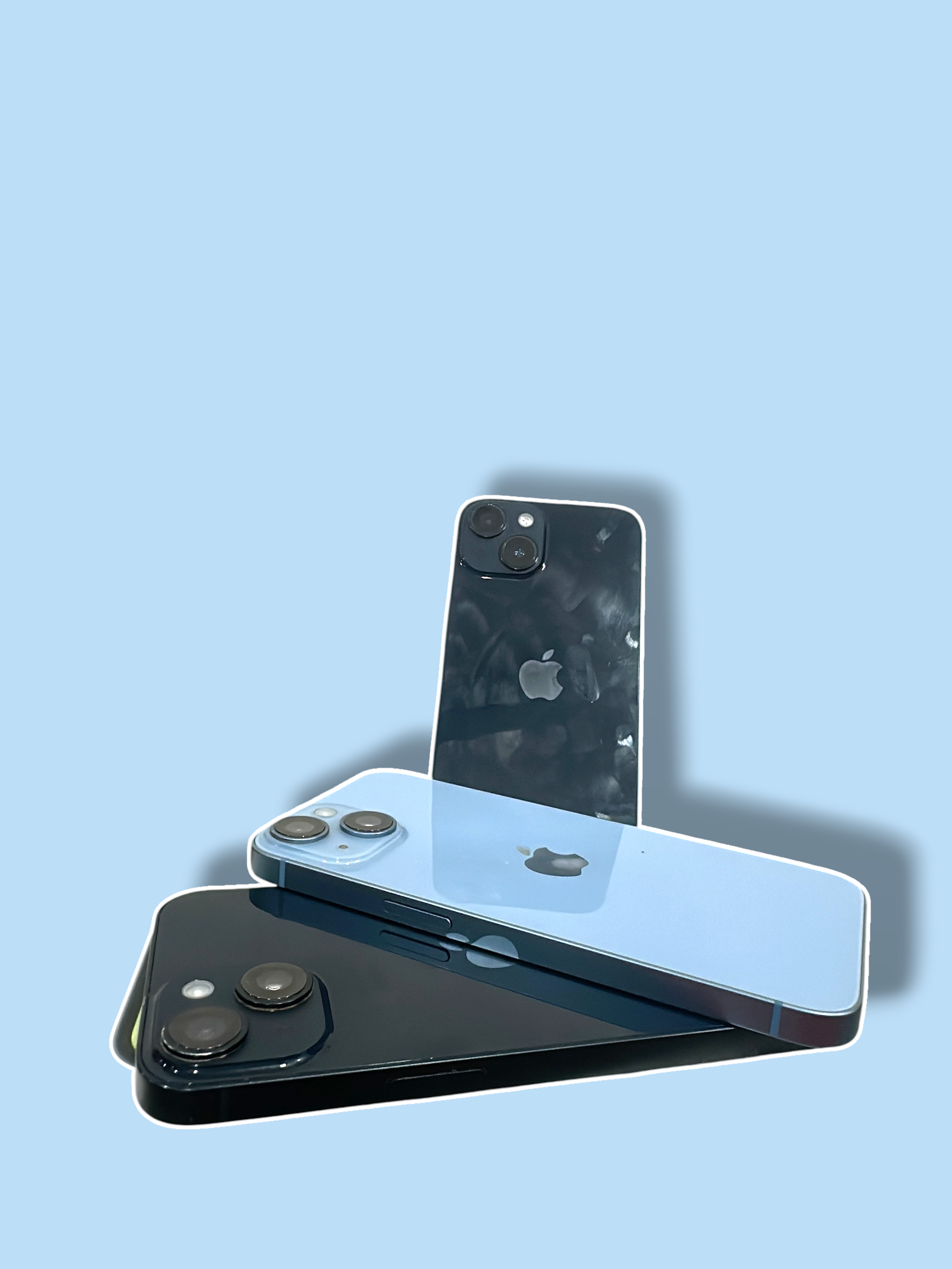 Iphoneio Official premium smartphones in black and light blue with dual-camera systems on a white display stand.
