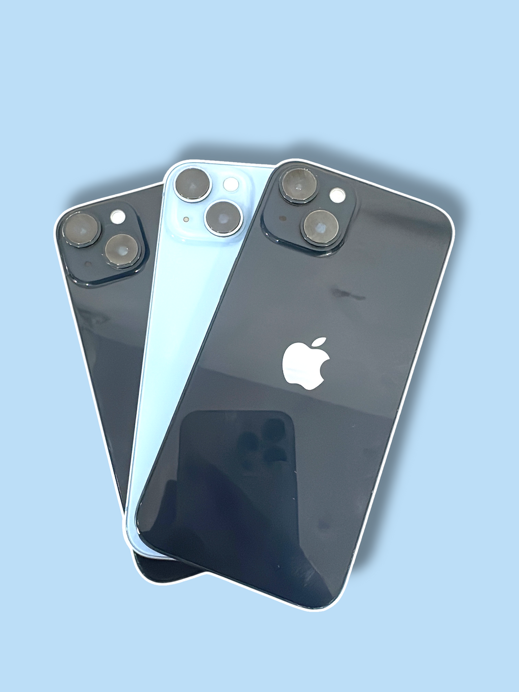 Iphoneio Official premium smartphones in black and light blue with dual-camera systems on a black background