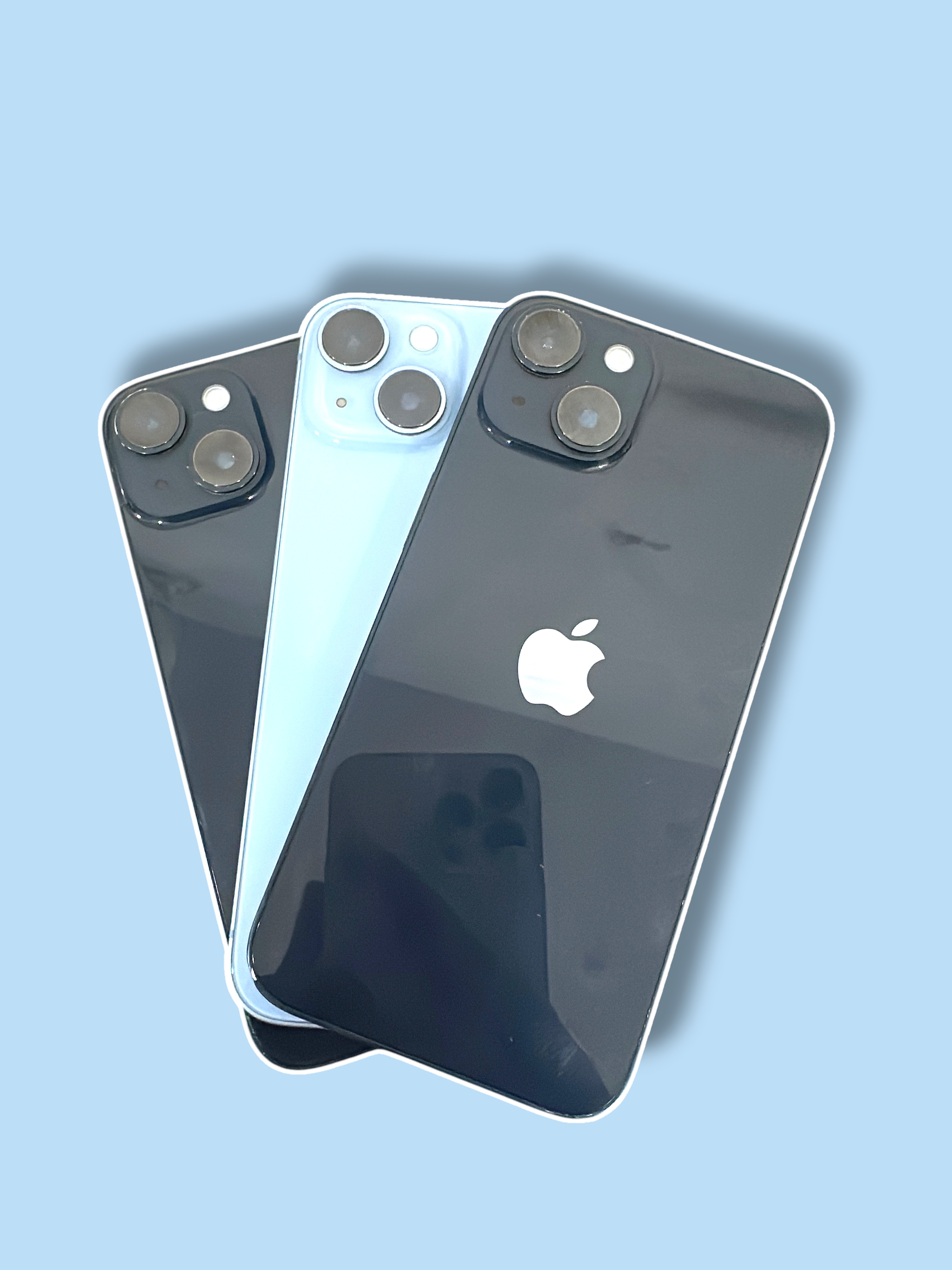 Iphoneio Official premium smartphones in black and light blue with dual-camera systems on a black background