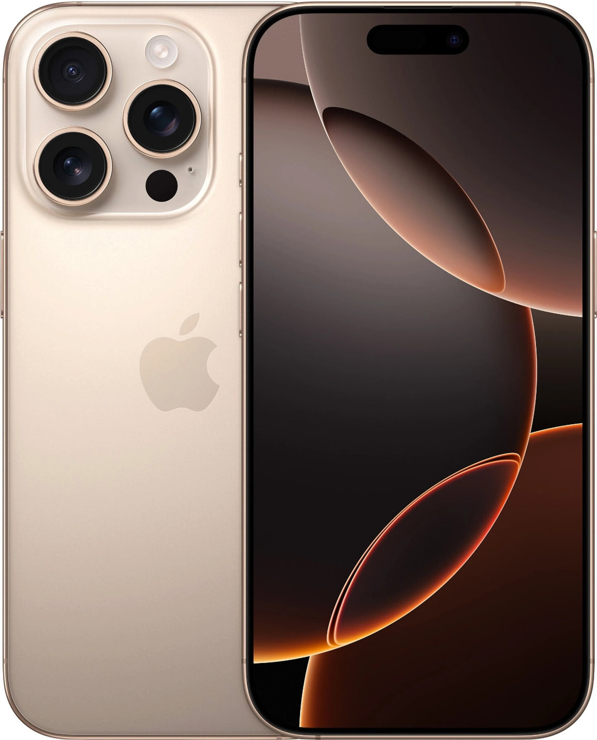 Iphoneio Official gold smartphone with triple-camera system and edge-to-edge display showing abstract wallpaper
