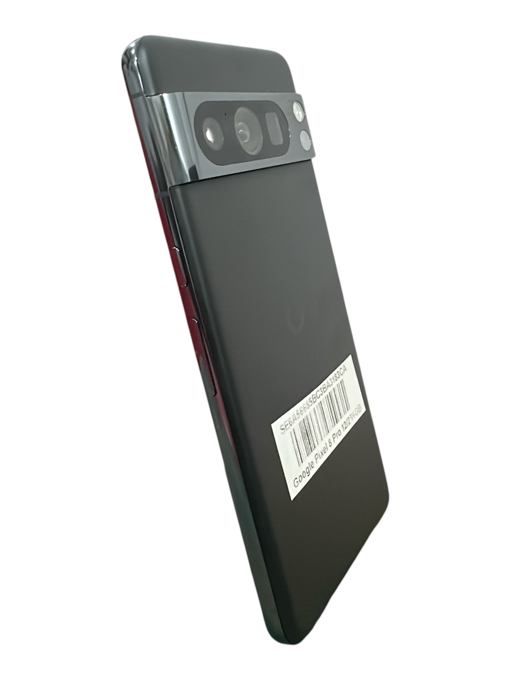Iphoneio Official Google Pixel 8 Pro smartphone in matte black with iconic rear camera bar on a green display stand