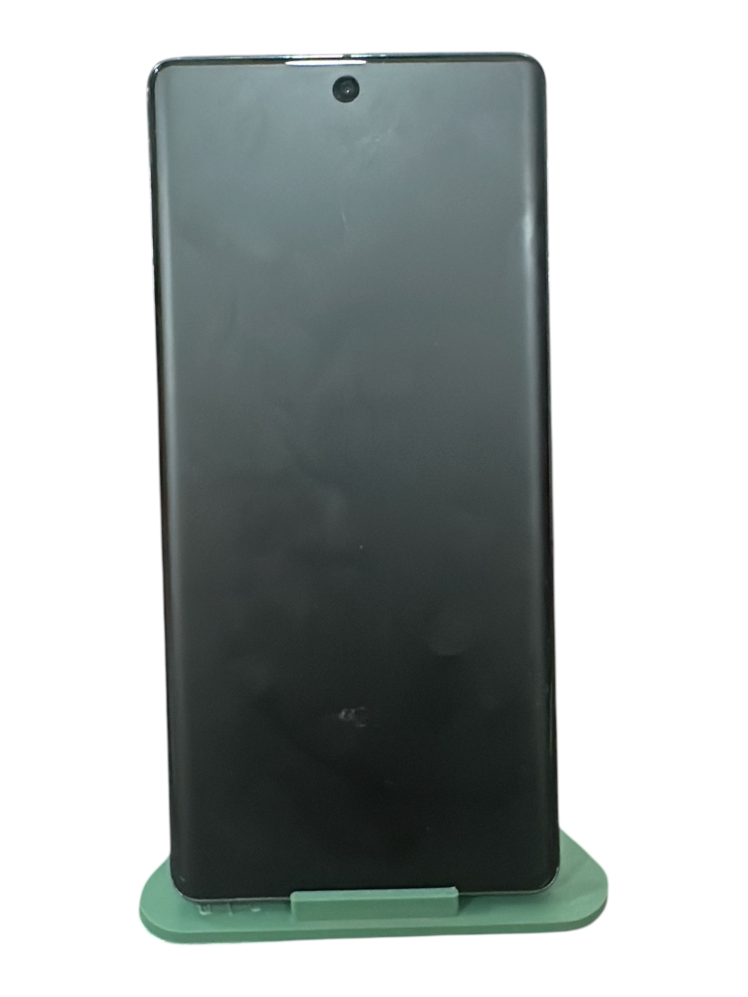 Iphoneio Official Google Pixel smartphone in obsidian black with a sleek edge-to-edge display on a green stand