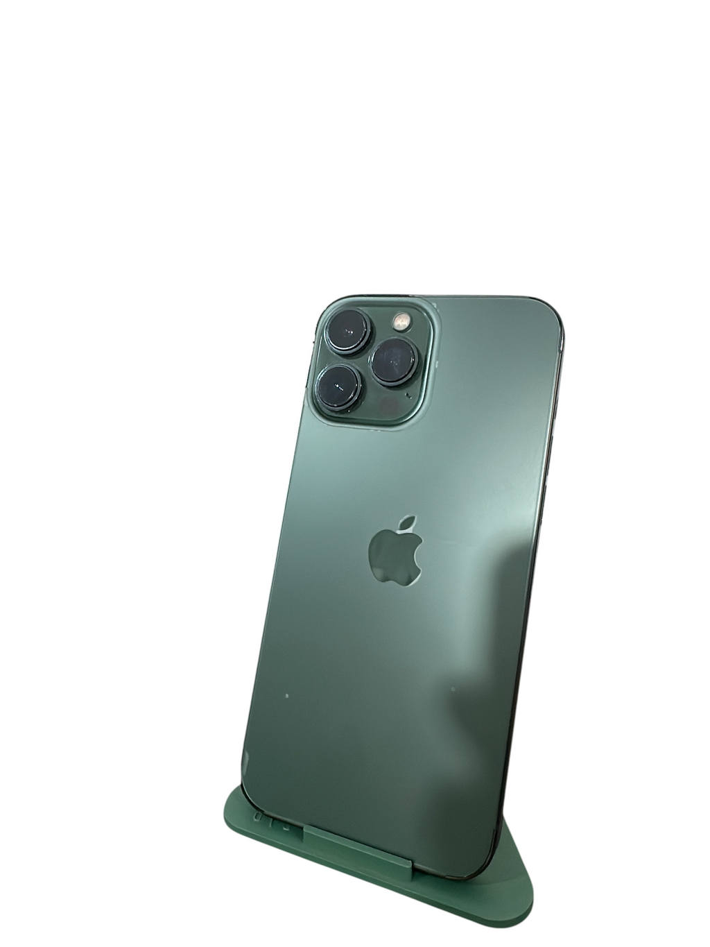 Iphoneio Official premium smartphone in matte green with a triple-lens camera system on a matching green stand.