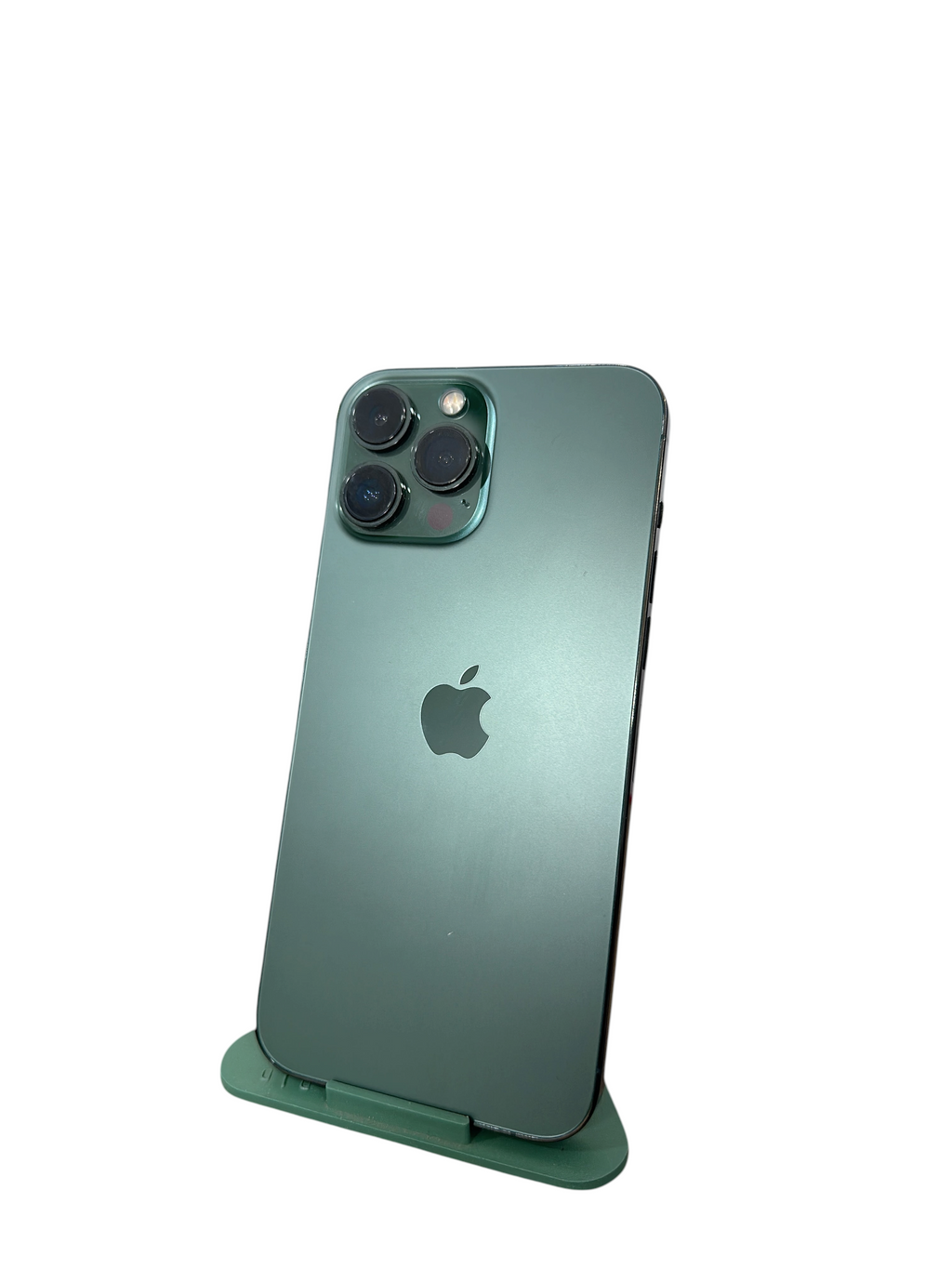 Iphoneio Official smartphone in alpine green with a triple-lens camera system and sleek glass back on a stand.