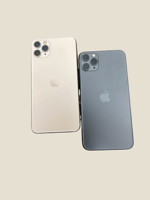 Iphoneio Official iPhone 11 Pro smartphones in gold and space gray with triple-camera systems on black background