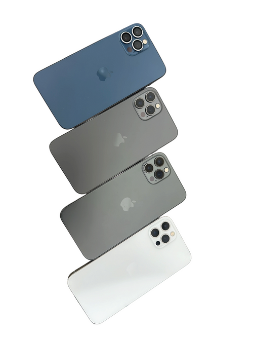 Iphoneio Official collection of pre-owned iPhone 12 Pro smartphones in blue, graphite, green, and white finishes.
