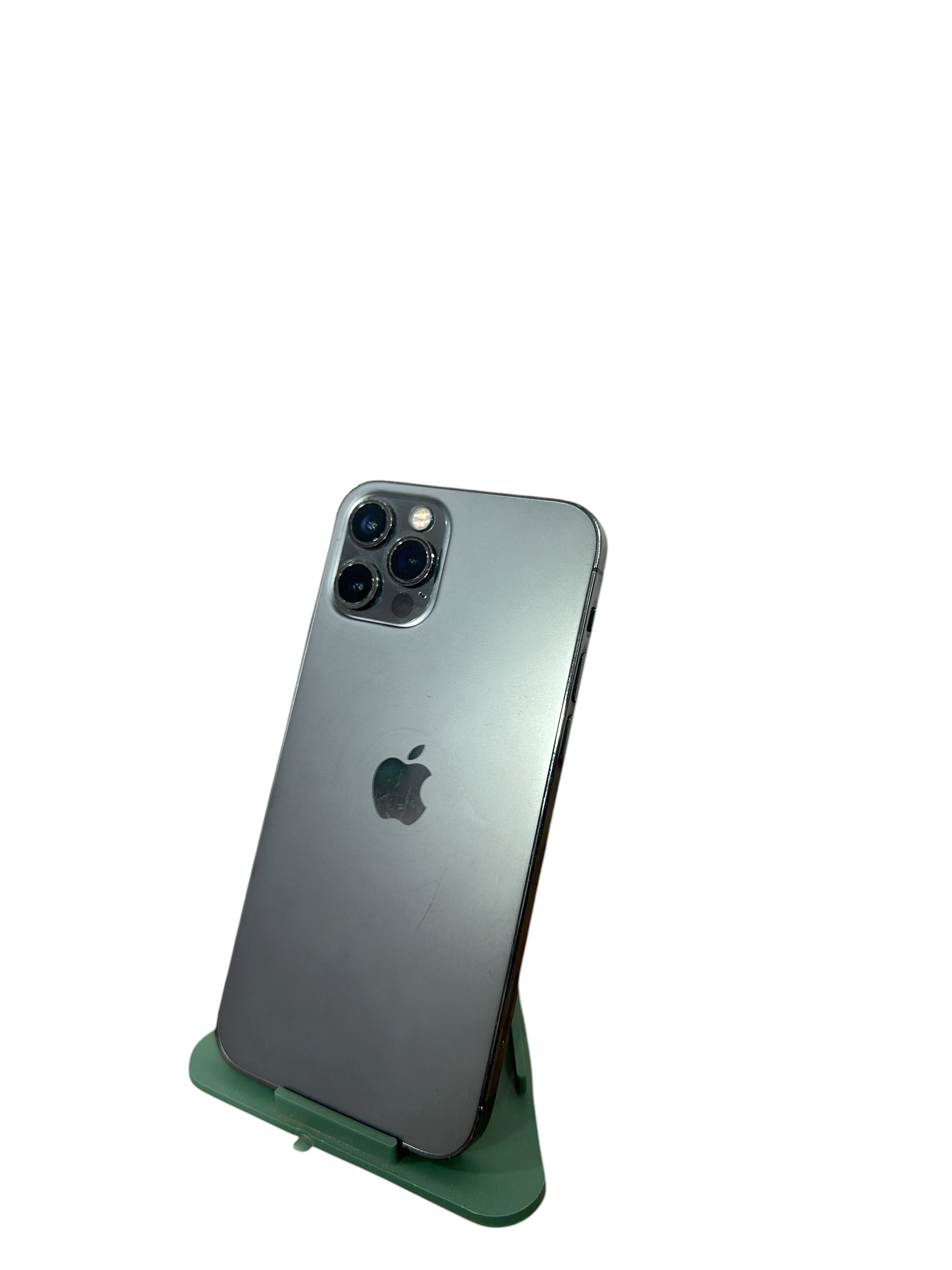 Iphoneio Official pre-owned iPhone 12 Pro in silver with a triple-camera system and matte glass back on a stand.