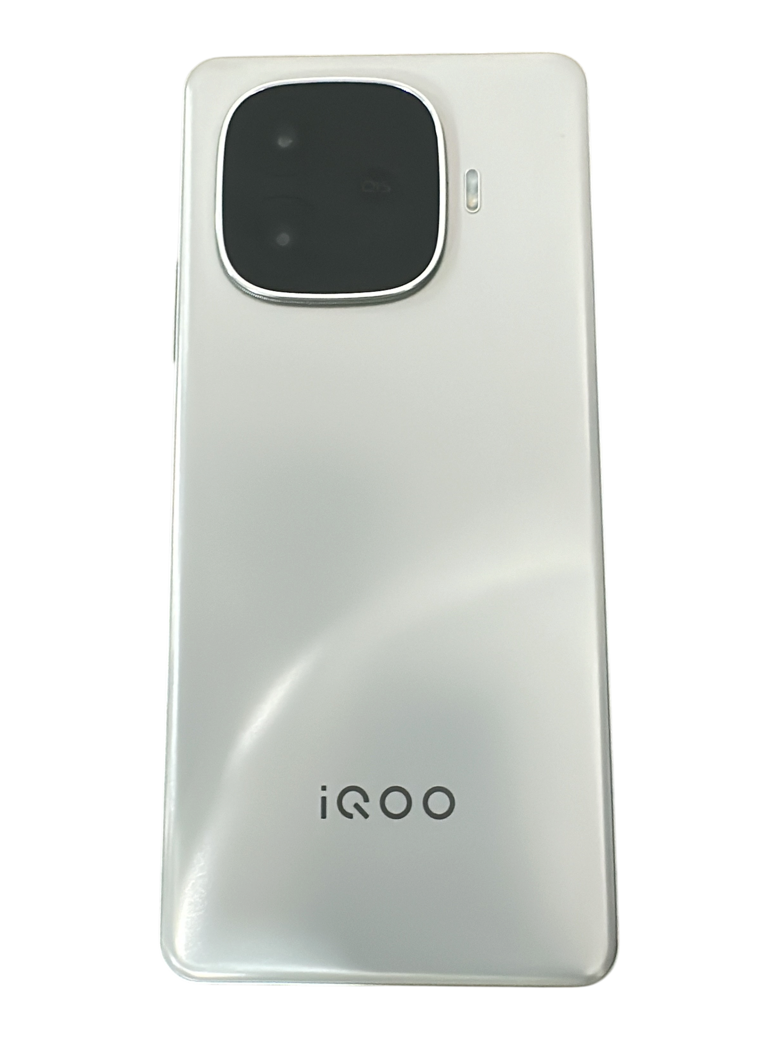 Iphoneio Official iQOO smartphone in pearlescent white with a prominent rear camera module on a textured surface