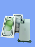 Iphoneio Official light green smartphone with dual-camera system and matching retail packaging on a black background
