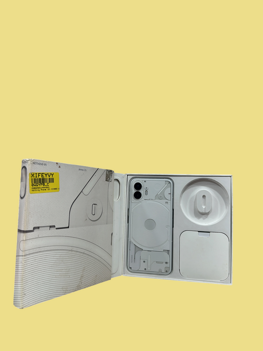 Iphoneio Official Nothing Phone 2 white smartphone in its original packaging with a transparent back design
