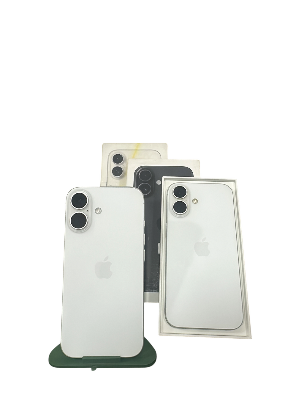 Iphoneio Official premium smartphones in white and black with dual-lens camera systems displayed in their boxes.