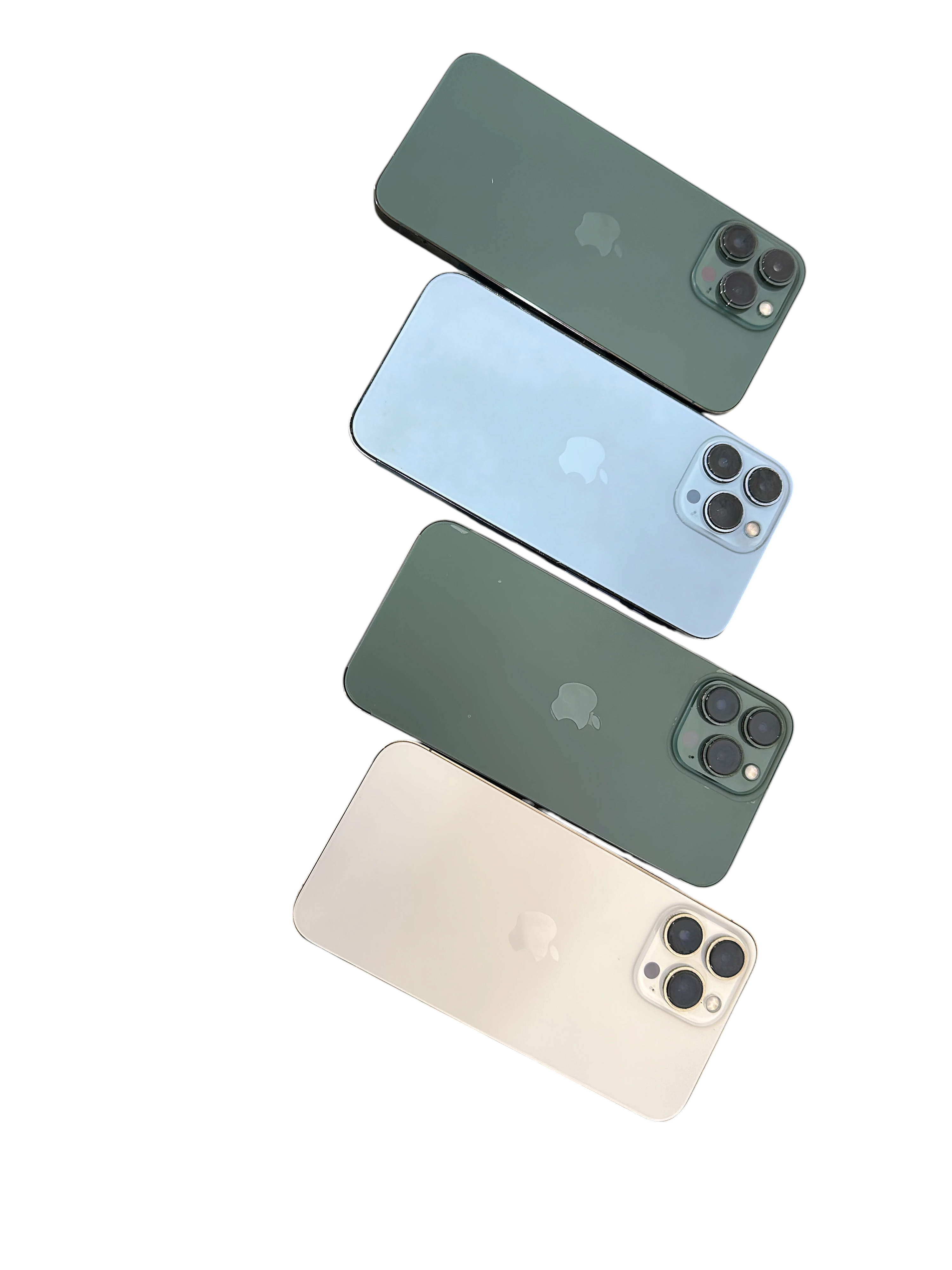Iphoneio Official premium smartphones in green, blue, and gold with triple-lens camera systems on a black background.