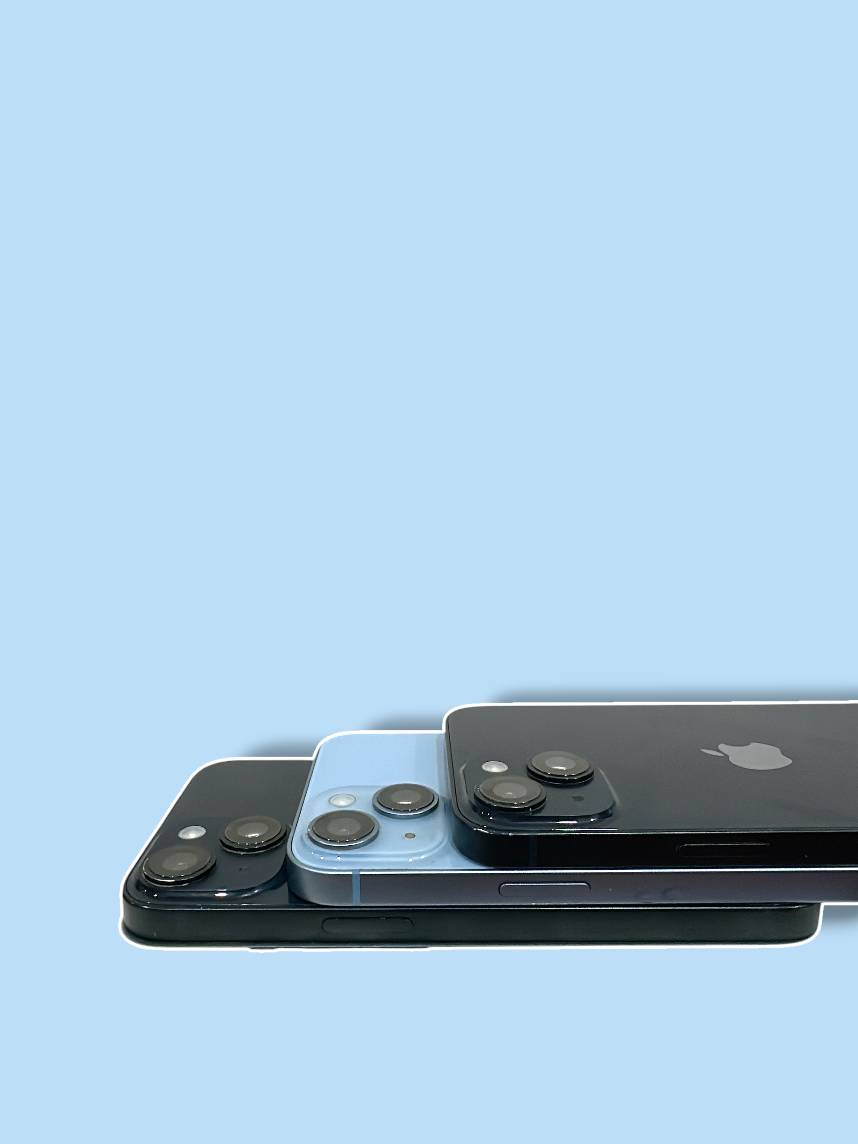Iphoneio Official premium smartphones in black and blue stacked on a black background showing dual-camera systems.