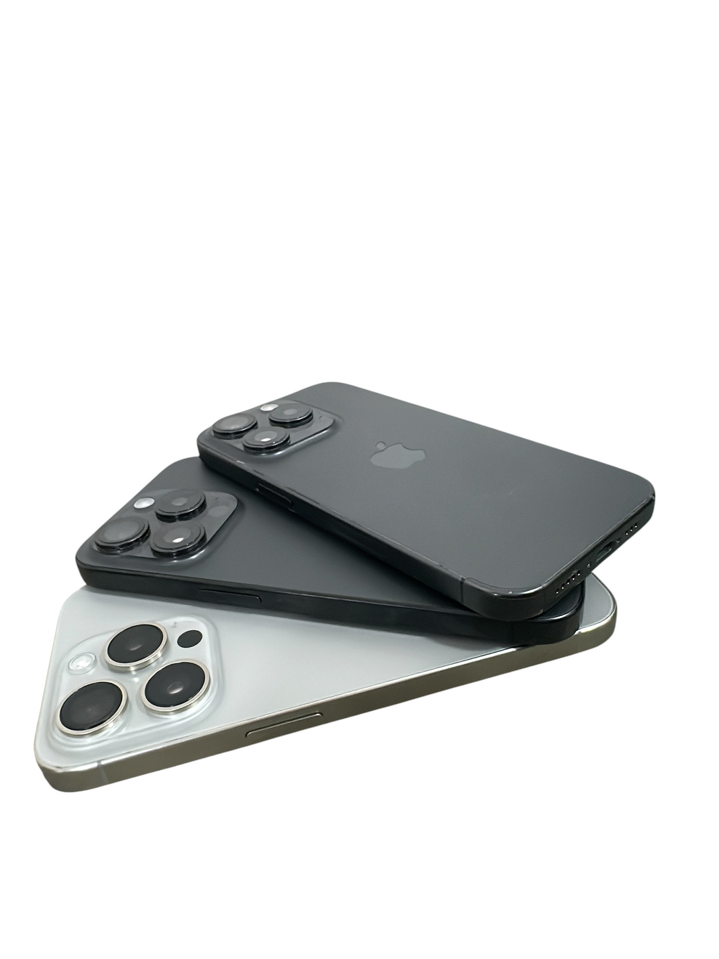 Iphoneio Official premium smartphones in black and silver with triple-lens camera systems stacked on black background