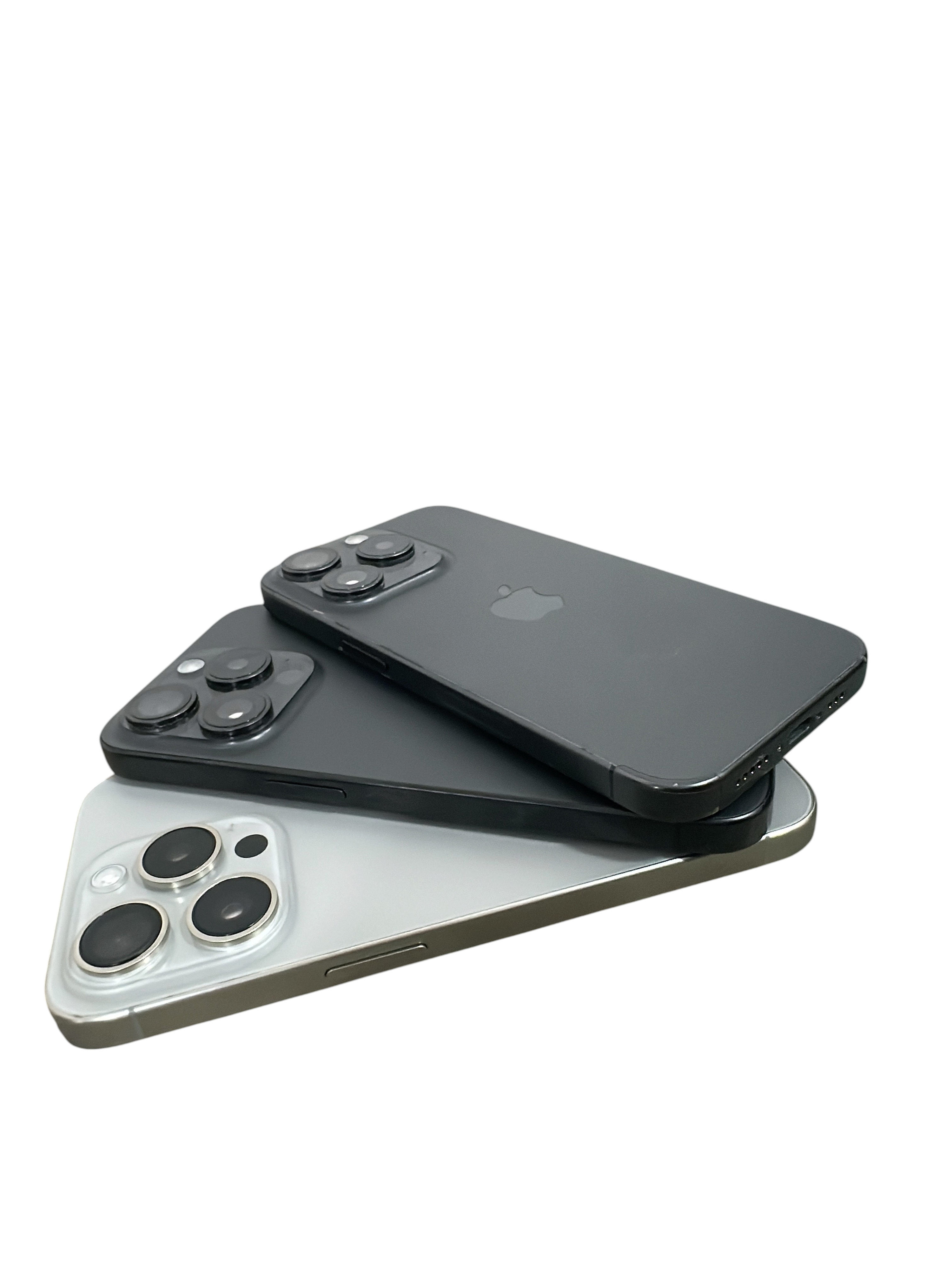 Iphoneio Official premium smartphones in black and silver with triple-lens camera systems stacked on black background