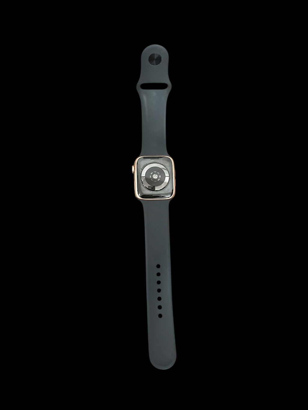 Iphoneio Official premium smartwatch with rose gold case and dark grey silicone band, back view showing sensors.