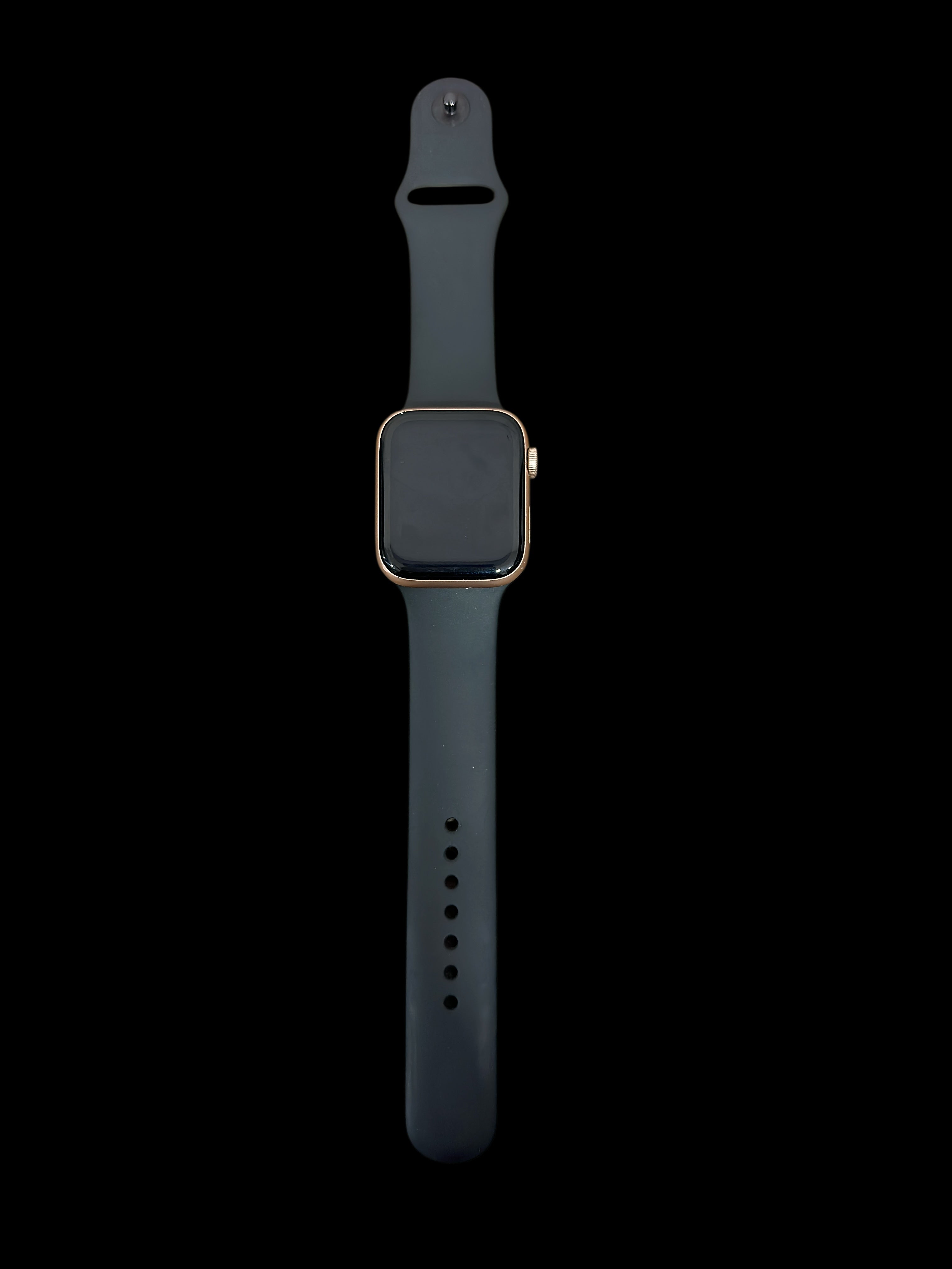 Iphoneio Official premium smartwatch with a rose gold-tone case and a sleek dark grey silicone band on black background