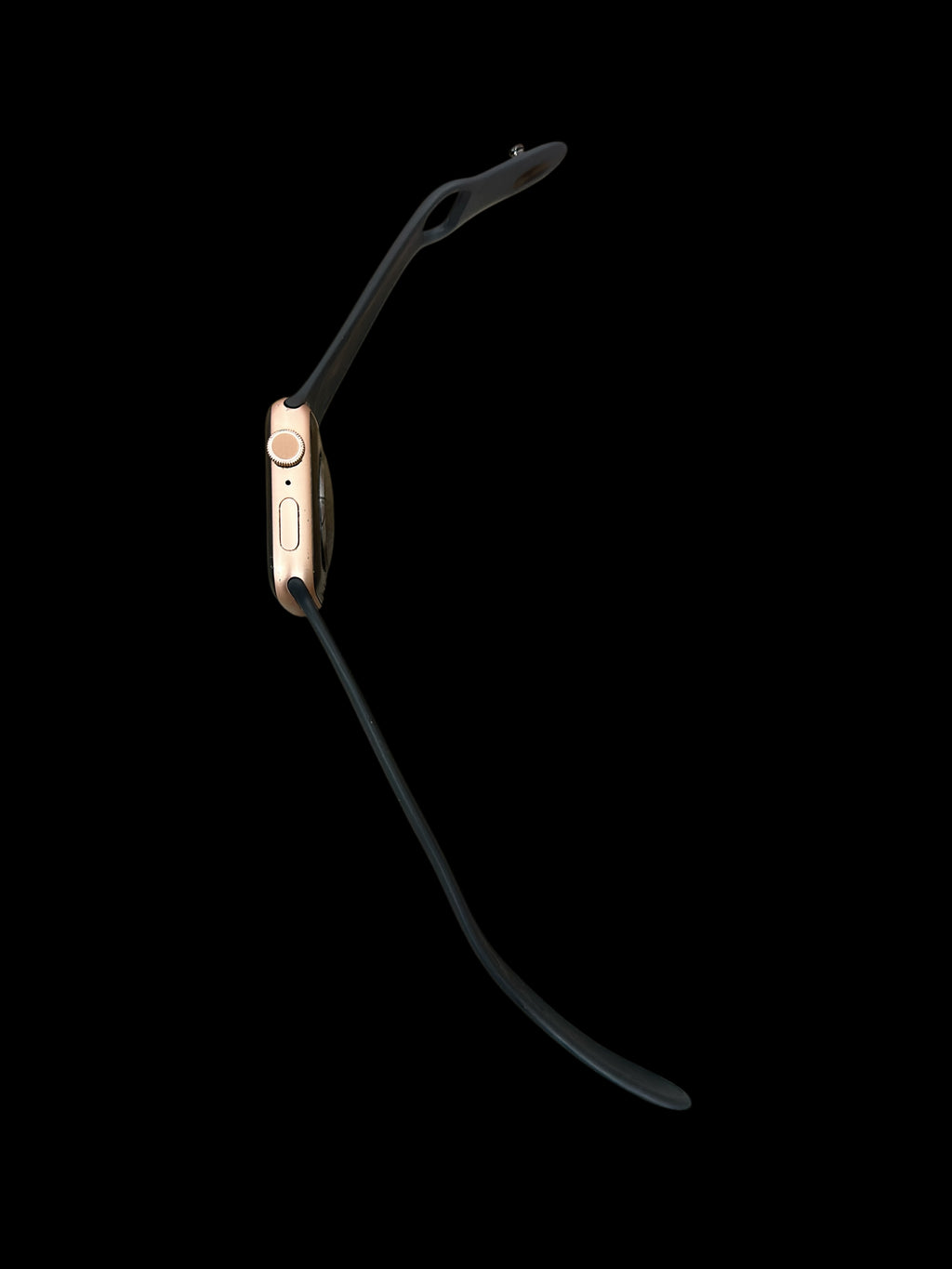 Iphoneio Official premium smartwatch with a rose gold case and dark grey silicone band, side profile view.