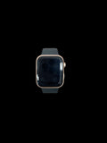 Iphoneio Official premium digital smartwatch with a rose gold case and dark grey silicone band on black background