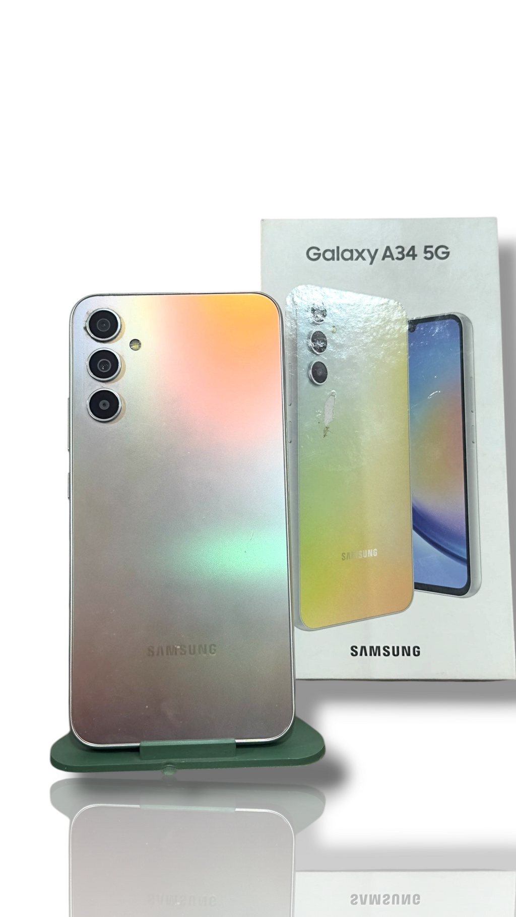 Iphoneio Official Samsung Galaxy A34 5G smartphone with an iridescent silver back and triple camera system