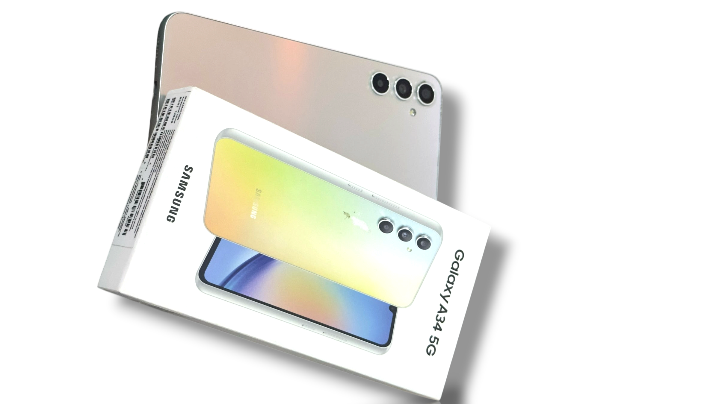 Iphoneio Official Samsung Galaxy A34 5G smartphone with iridescent back finish and its retail packaging box