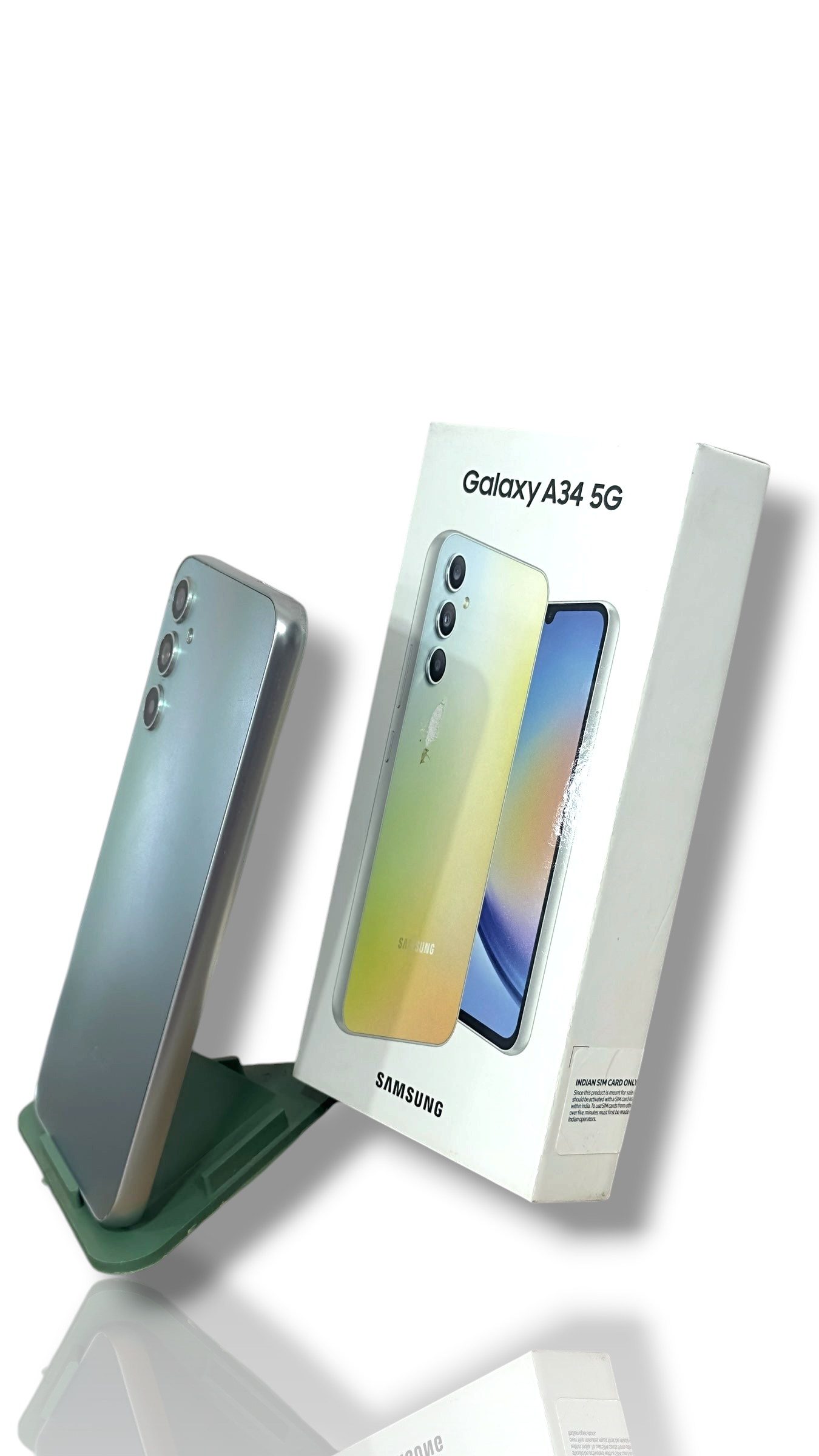 Iphoneio Official Samsung Galaxy A34 5G smartphone in iridescent silver next to its white product packaging box.
