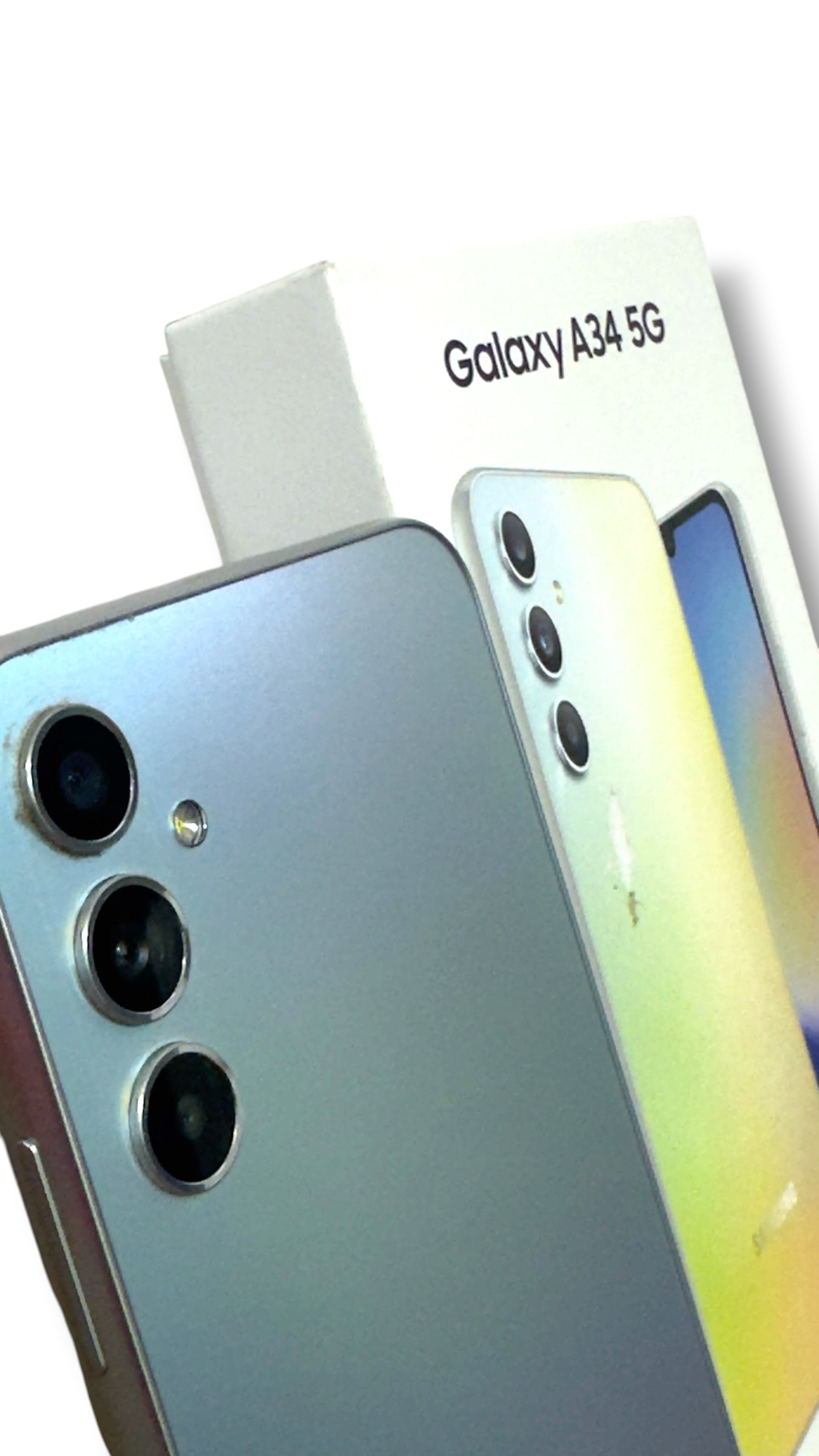 Iphoneio Official Samsung Galaxy A34 5G smartphone with iridescent back and triple camera system next to its box