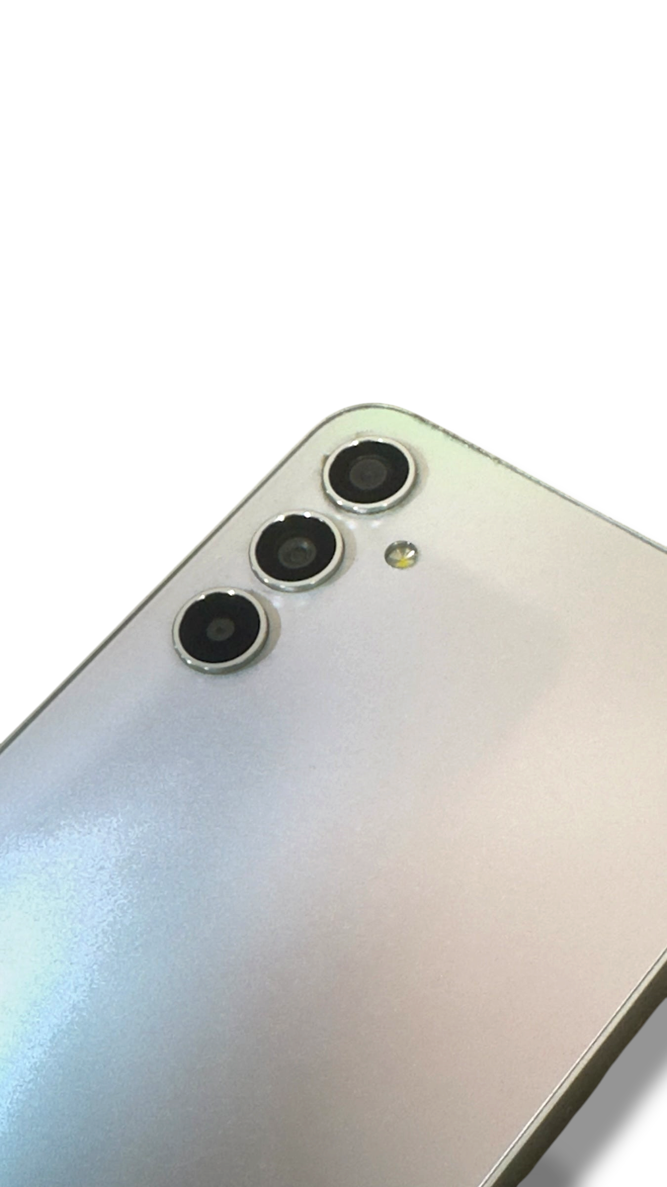 Iphoneio Official Samsung Galaxy A34 5G smartphone back panel with triple camera setup and iridescent silver finish