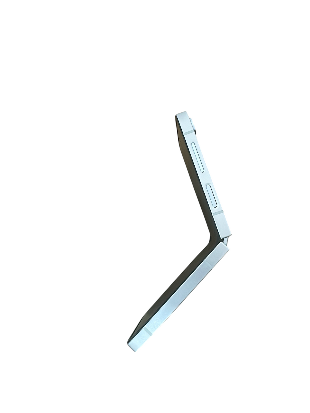 Iphoneio Official Samsung Galaxy Z Flip6 light blue foldable smartphone in a half-folded position against black