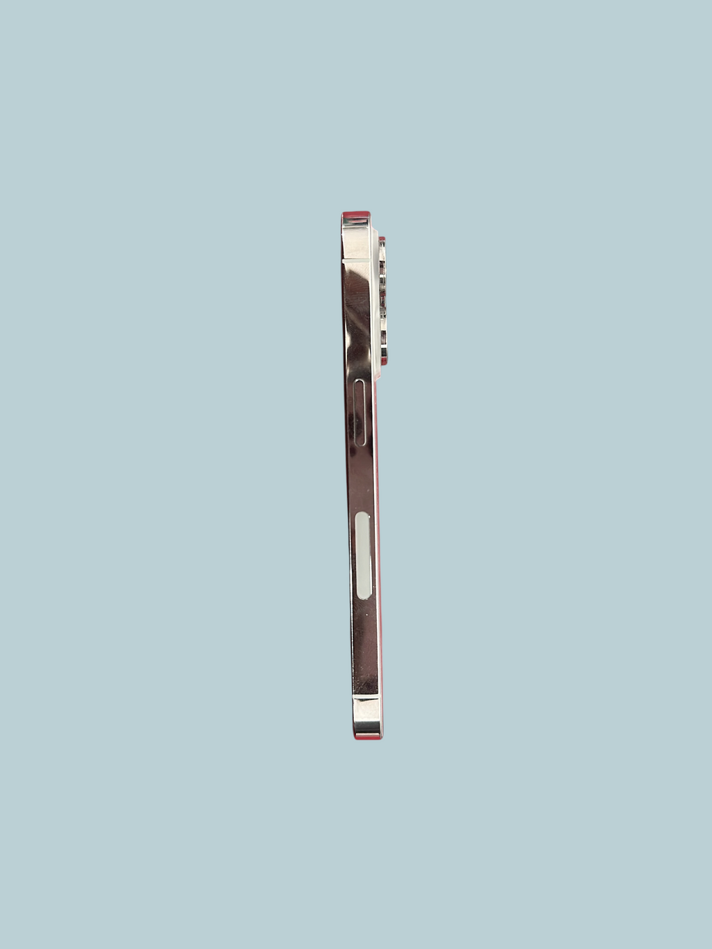 Iphoneio Official premium silver smartphone side view showing polished frame and triple camera module