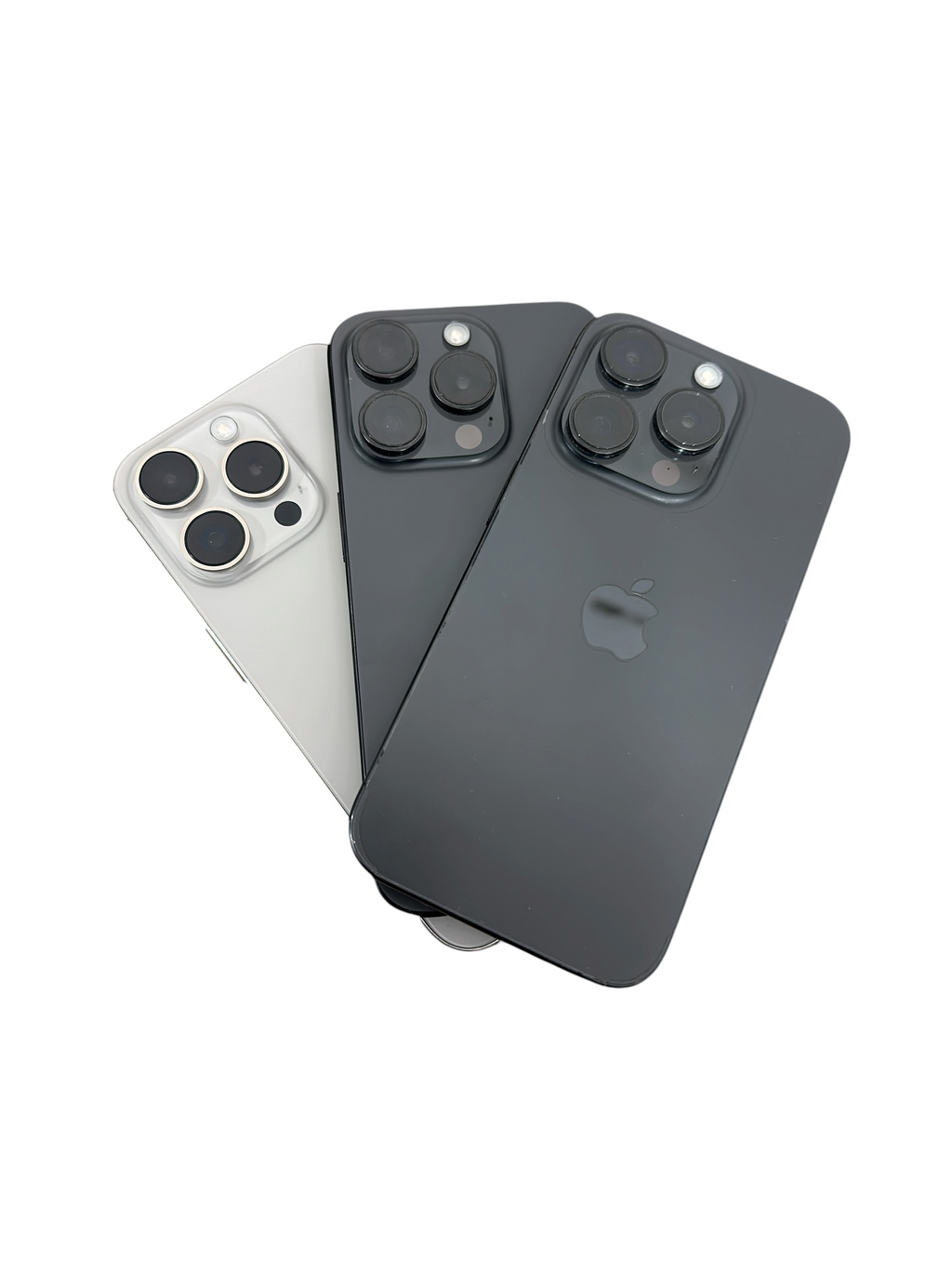 Iphoneio Official premium smartphones in silver and black with triple-lens camera systems arranged in a fan shape.