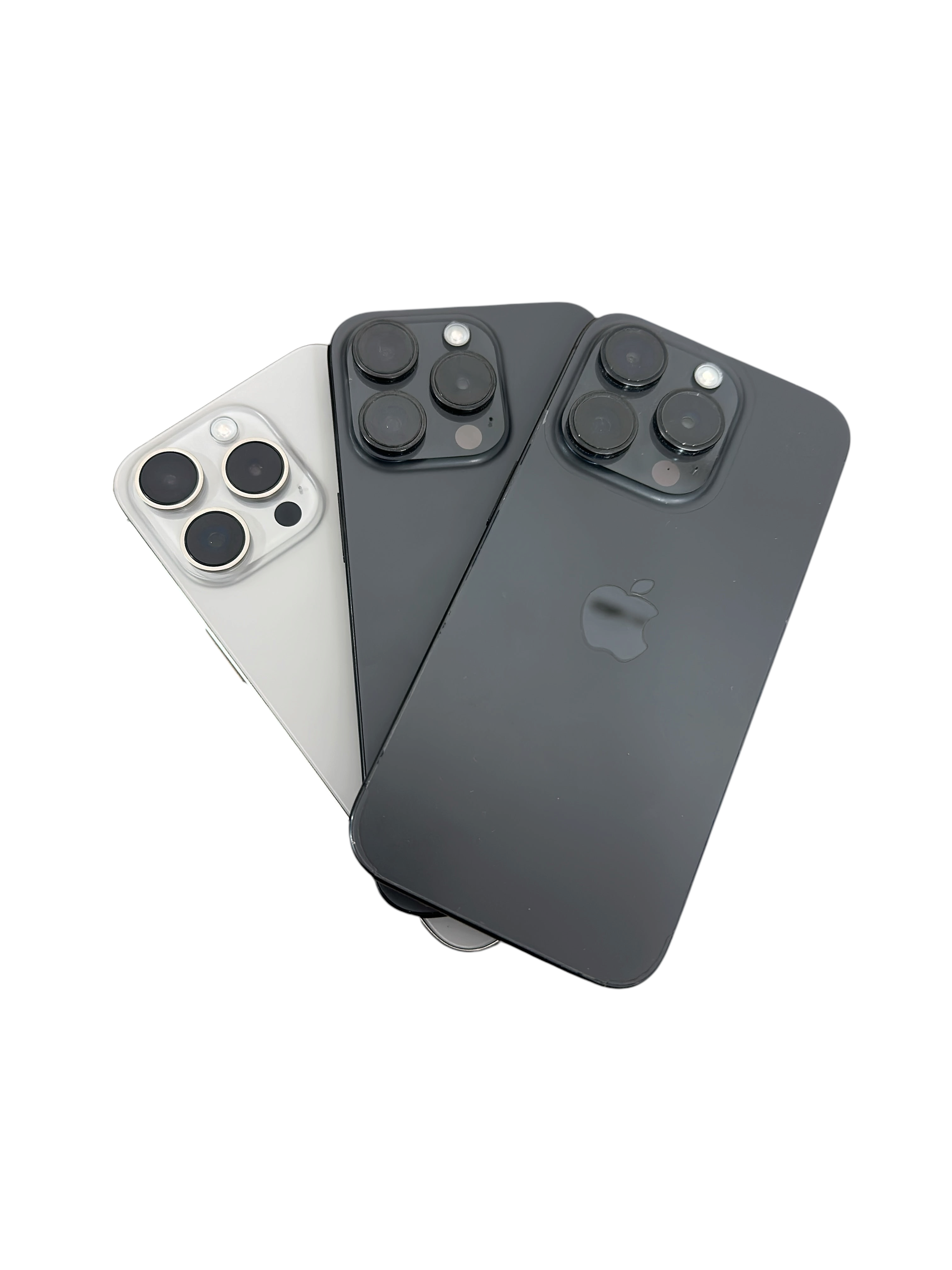 Iphoneio Official premium smartphones in silver and black with triple-lens camera systems arranged in a fan shape.