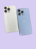 Iphoneio Official premium smartphones in white and light blue featuring a triple-camera system and glass back design.