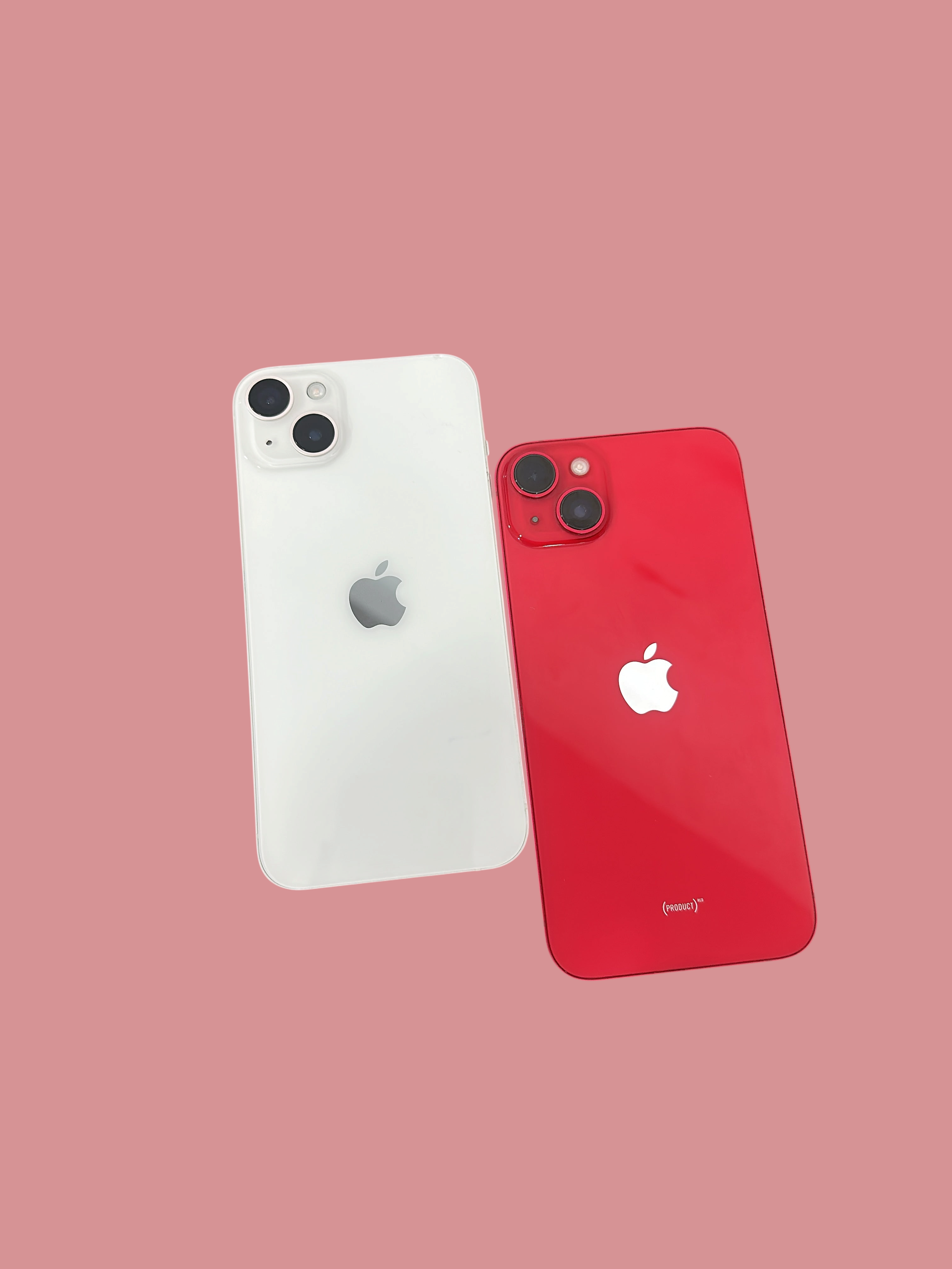 Iphoneio Official white and red smartphones with dual-camera systems and glass backs on a black background.