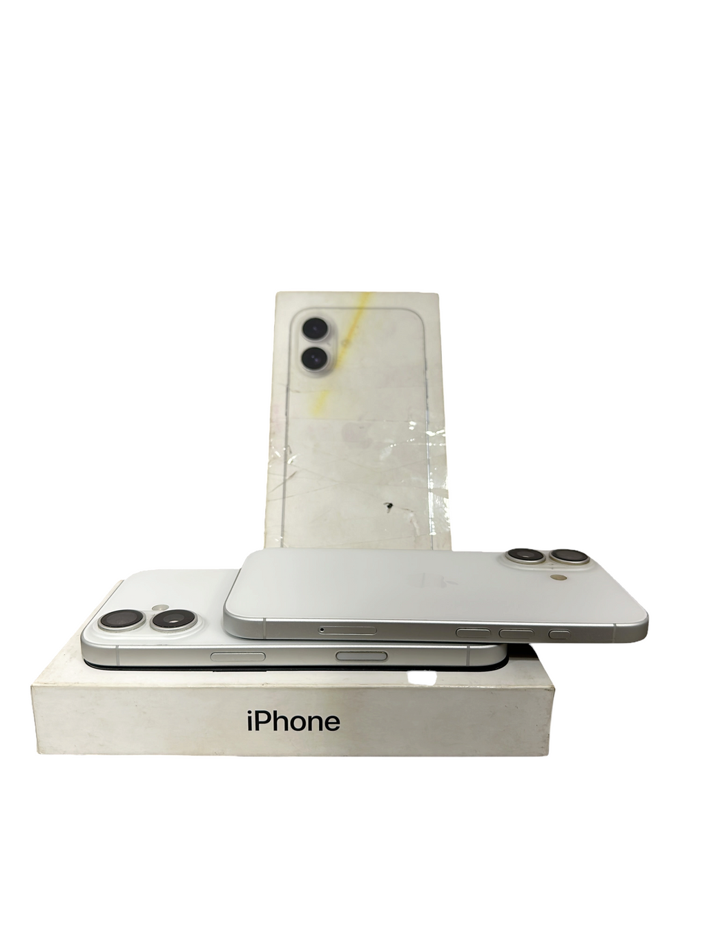 Iphoneio Official premium white smartphone with dual-lens camera system resting on its original retail box.