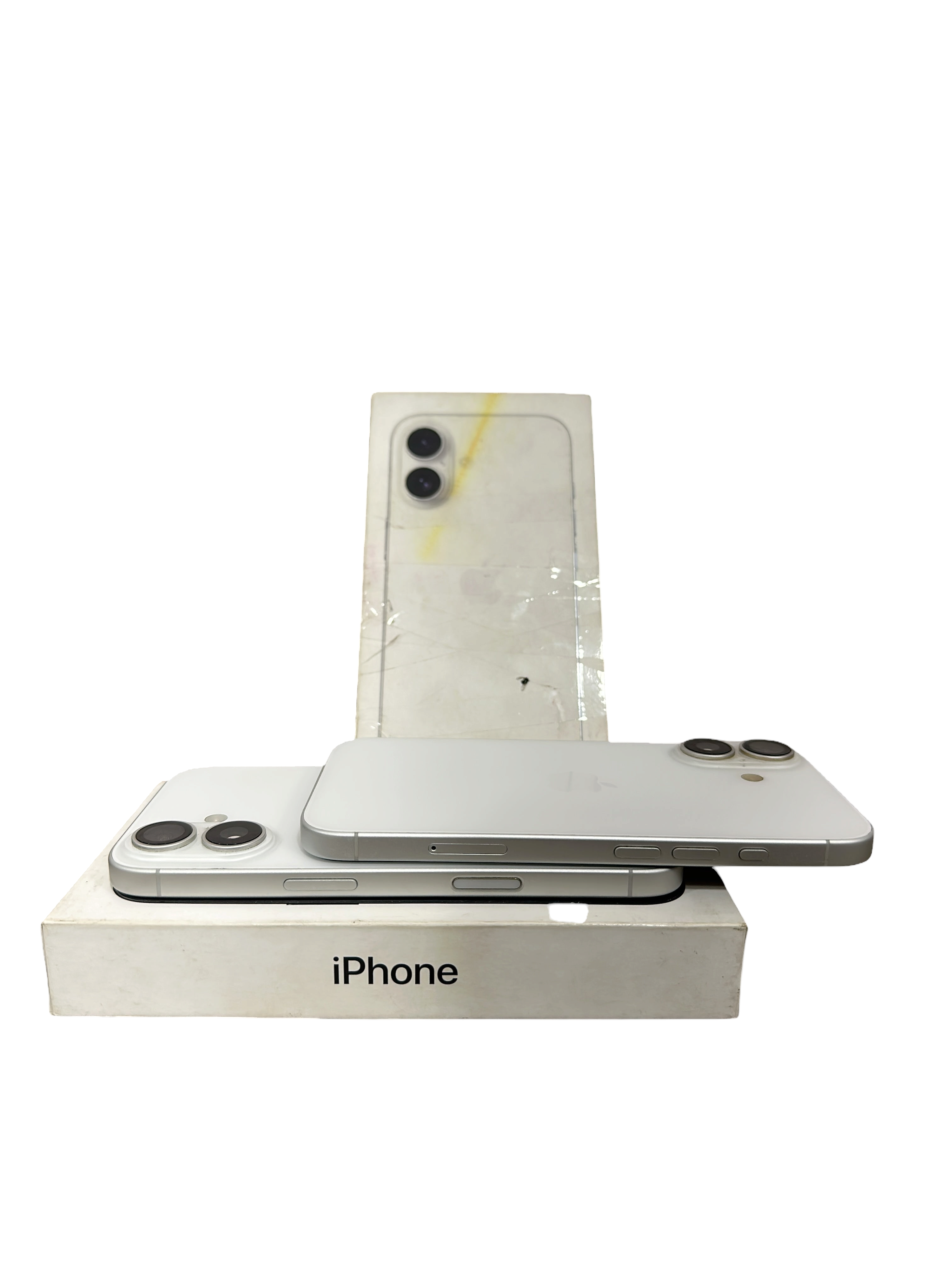 Iphoneio Official premium white smartphone with dual-lens camera system resting on its original retail box.